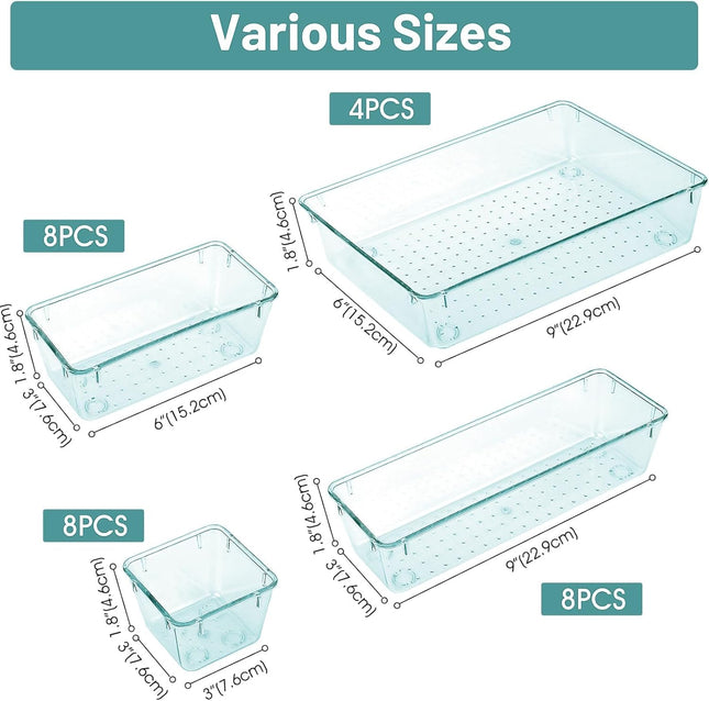 28-Pc Desk & Drawer Organizer Set – Clear Bins for Bathroom, Bedroom, Kitchen
