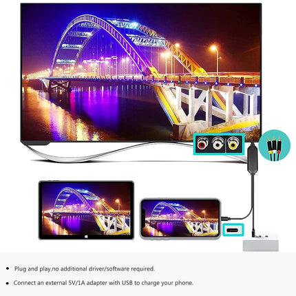 6FT USB-C to RCA Cable Adapter – Screen Mirroring with USB A/C Charging