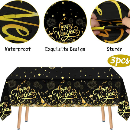 3-Piece New Year Tablecloths – Black & Gold Star Fireworks Design for 2026