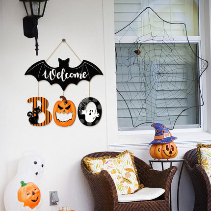 Halloween BOO Door Sign, Wooden Bat Ghost Pumpkin Black Cat Hanging Door Hanger