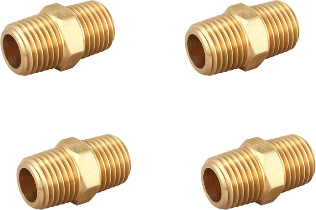4-Pack Brass Hex Nipple 1/4 Inch NPT x 1/4 Inch NPT Male Pipe Adapter (0.5" OD)
