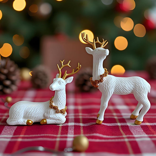 2PCS Reindeer Christmas Decoration | Small Deer Figurines for Table & Mantle