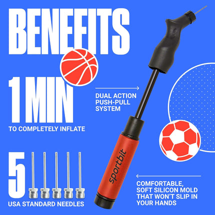 Ball Pump for Sports Balls with Push & Pull Inflation System and 5 Needles