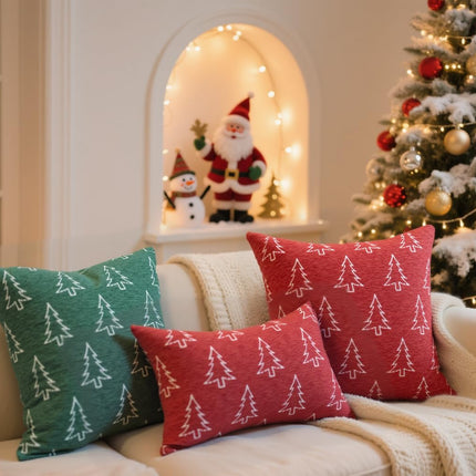 2 Pack Chenille Christmas Pillow Covers 12x20 Red Snowflake & Christmas Tree Cozy Farmhouse Holiday Cushion