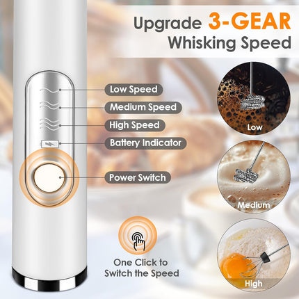 Rechargeable Milk Frother with 3 Speeds, 2 Stainless Steel Whisks, 1500mAh Battery White