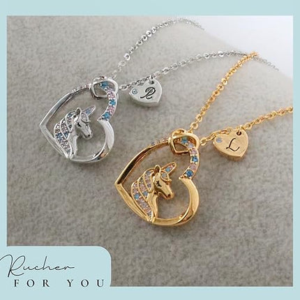 Unicorn Heart Necklace for Kids with Initial Pendant 18K Gold Plated