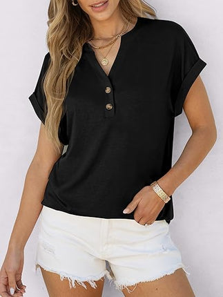 Women’s Short Sleeve Henley Tops V Neck Dressy Casual Summer Trendy Blouses
