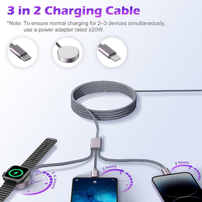 4FT 3-in-1 USB C Charging Cable – for Apple Watch & iPhone 16/15/14, Travel Essential