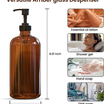 16oz Amber Glass Soap Dispenser Set 2 Pack with Pump & 6 Waterproof Labels