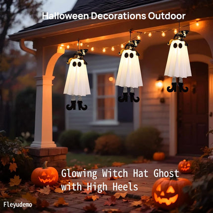 3-Pack 19in Light-Up Hanging Ghosts with Witch Hats, Halloween Yard & Patio Decor