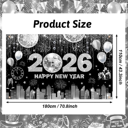 2026 Happy New Year Banner Black & Silver Backdrop 70.8x43.3" NYE Party