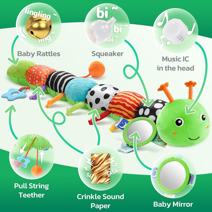 Baby Sensory Toy – Musical Caterpillar Plush with Teether, Rattle & Mirror