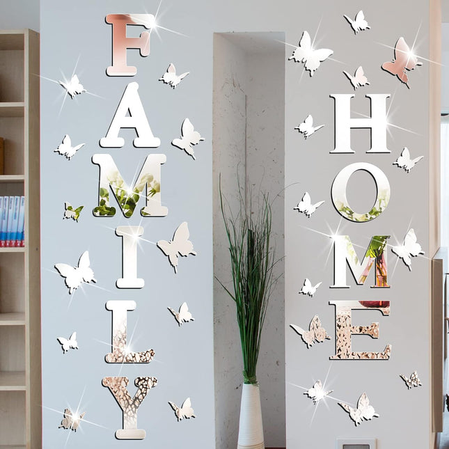 Family Home 3D Wall Sign – Silver Acrylic Mirror Letters for Bedroom & Kitchen