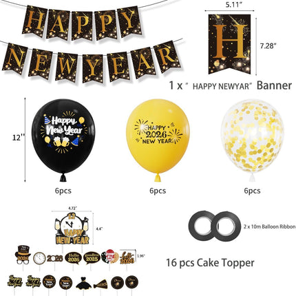Happy New Year 2026 Party Decorations – Black & Gold Balloons & Banner Set