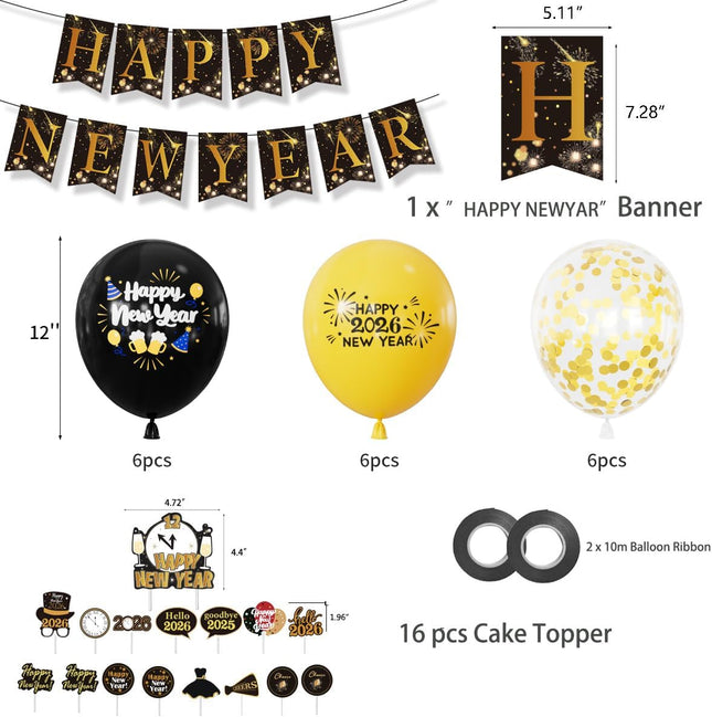 Happy New Year 2026 Party Decorations – Black & Gold Balloons & Banner Set