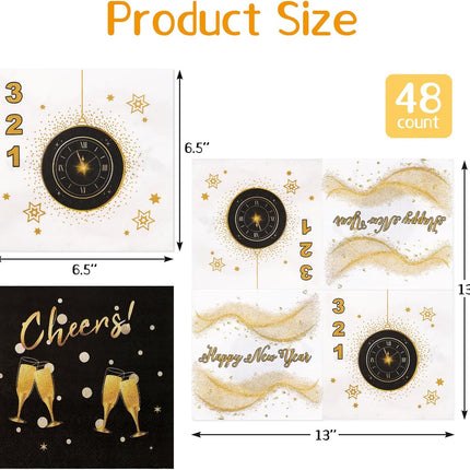 48-Piece Happy New Year 2026 Napkins – Disposable Black & Gold Tableware