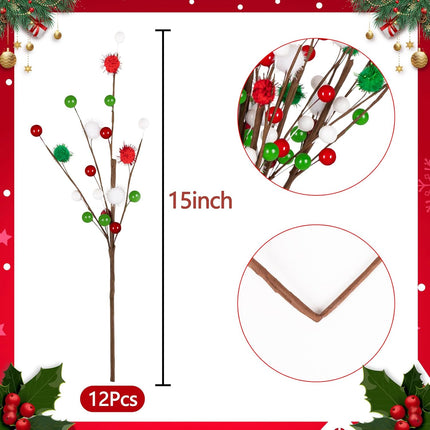 12PCS Christmas Berry Picks with Beads, Red & Green Floral Stems for Tree & Table