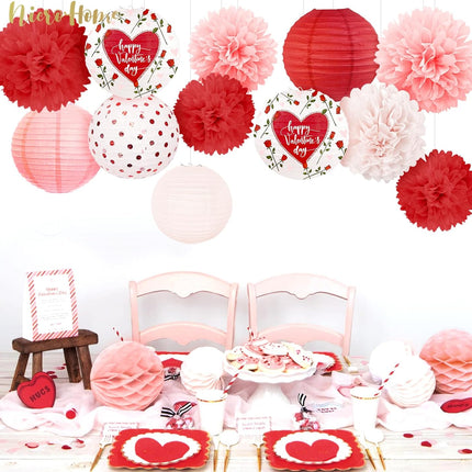 12 PCS Valentine’s Day Decorations: Pink & Red Love Pom Poms and Lanterns Set