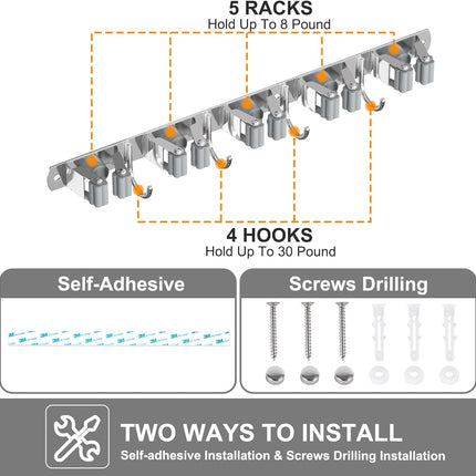 Broom Holder Wall Mount – 5 Racks, 4 Hooks Heavy Duty Storage Organizer