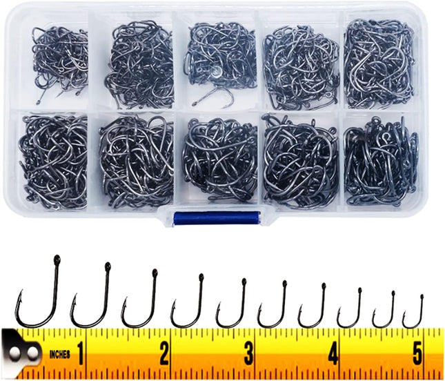 300Pc High Carbon Steel Barbed Fishing Hooks Set, 10 Sizes with Storage Box