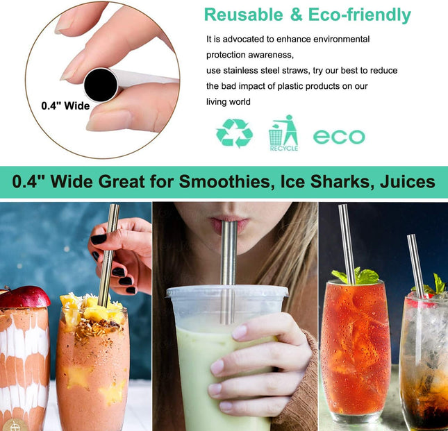 4-Pack Extra Wide Stainless Steel Smoothie Straws – Reusable with Brush