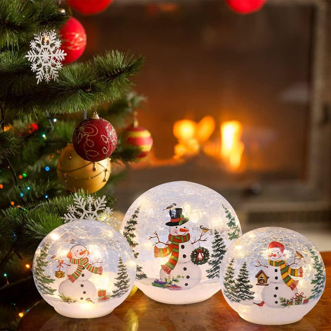 3 PCS Sparkling Snowman Globes with LED Lights & Timer, Indoor Xmas Table Decor