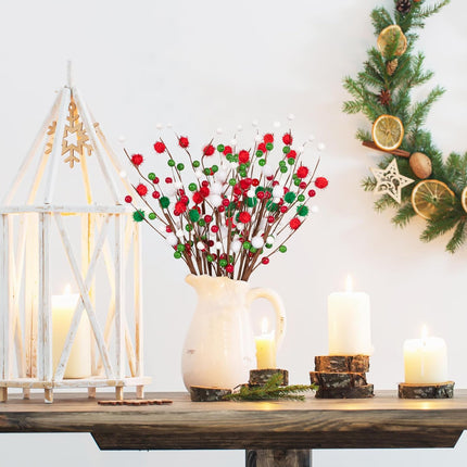 12PCS Christmas Berry Picks with Beads, Red & Green Floral Stems for Tree & Table