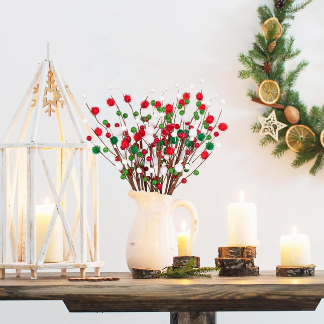 12PCS Christmas Berry Picks with Beads, Red & Green Floral Stems for Tree & Table