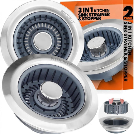 2 Pack Stainless Steel Sink Drain Strainer 3 in 1 Anti Clog Kitchen Stopper