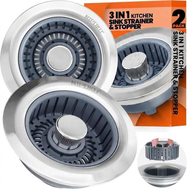 2 Pack Stainless Steel Sink Drain Strainer 3 in 1 Anti Clog Kitchen Stopper