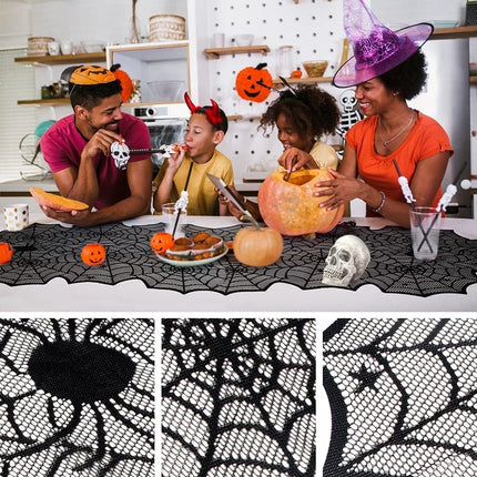 Halloween Black Lace Spider Web Table Runner, 18x72in Gothic Party & Home Decor