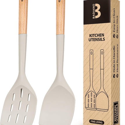 2 Pack Silicone Spatula Wooden Handle Heat Resistant Kitchen Turner Khaki