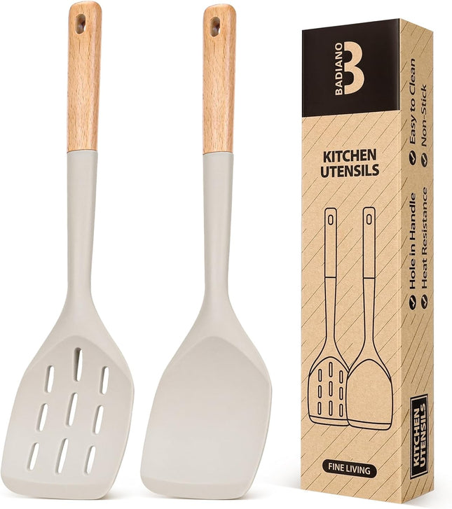 2 Pack Silicone Spatula Wooden Handle Heat Resistant Kitchen Turner Khaki