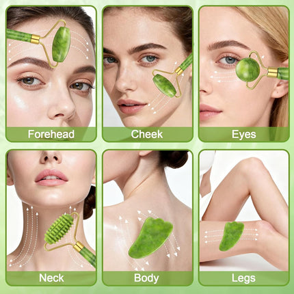 6PCS Jade Roller & Gua Sha Facial Tools Set, Natural Face Massager for Skincare Makeup