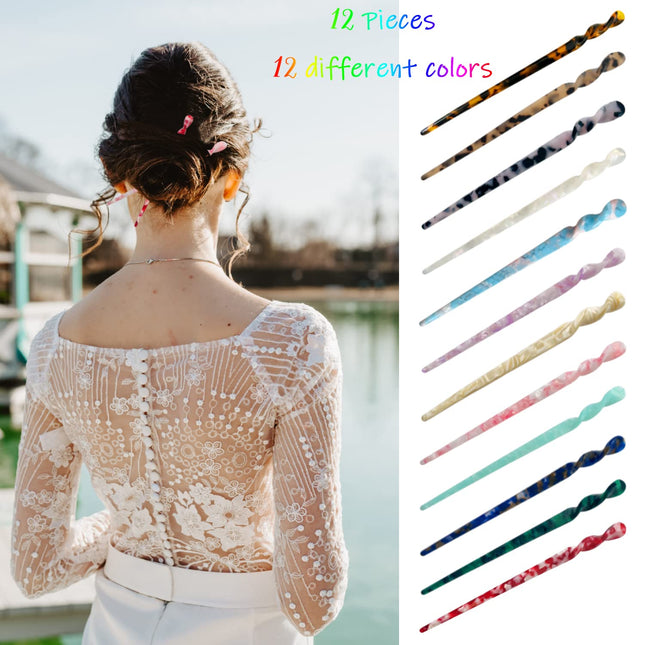 12PCS Acetate Hair Sticks, Tortoise Shell Chinese Hair Pins, 12 Unique Styles for Buns