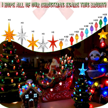 Ceramic Christmas Tree Replacement Bulbs Set – 117 Multicolor Lights + 5 Star Toppers