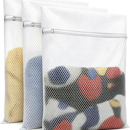 3 Pack Mesh Laundry Bags 2XL & L, Durable Wash Bags with Auto-Lock Zippers