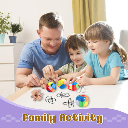18PCS Brain Teaser Puzzle Set Wooden Metal & Plastic IQ Games for All Ages