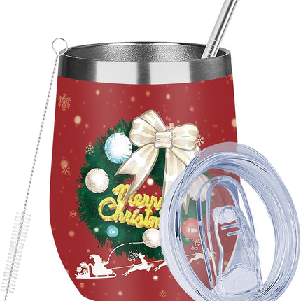 Christmas Wine Glass Tumbler – Double Wall Insulated 12oz Stainless Steel Gift for Her