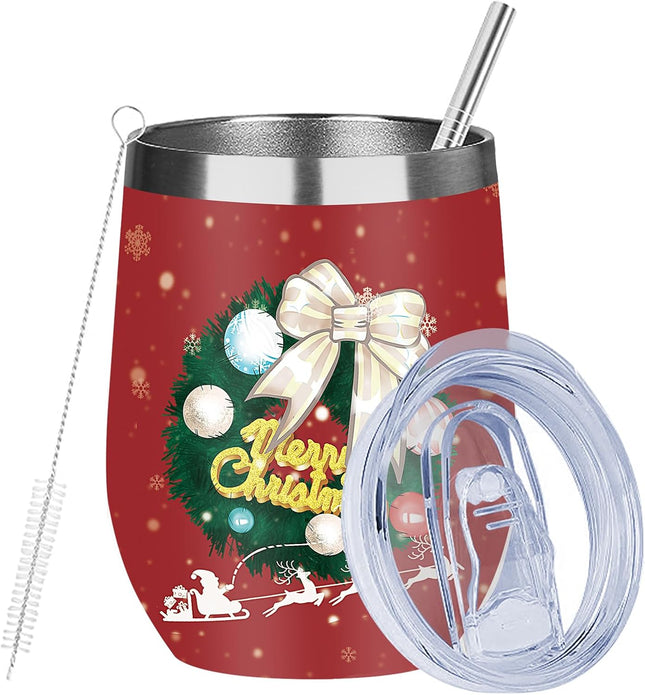 Christmas Wine Glass Tumbler – Double Wall Insulated 12oz Stainless Steel Gift for Her