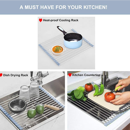 Over Sink Dish Drying Rack Roll Up Stainless Steel Foldable 17.5x11.8 Kitchen