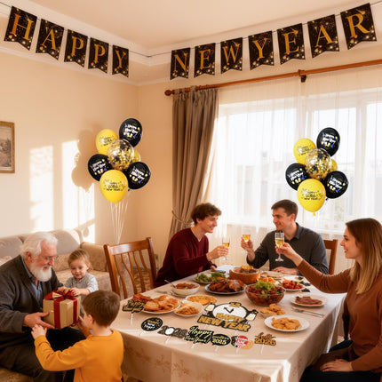 Happy New Year 2026 Party Decorations – Black & Gold Balloons & Banner Set