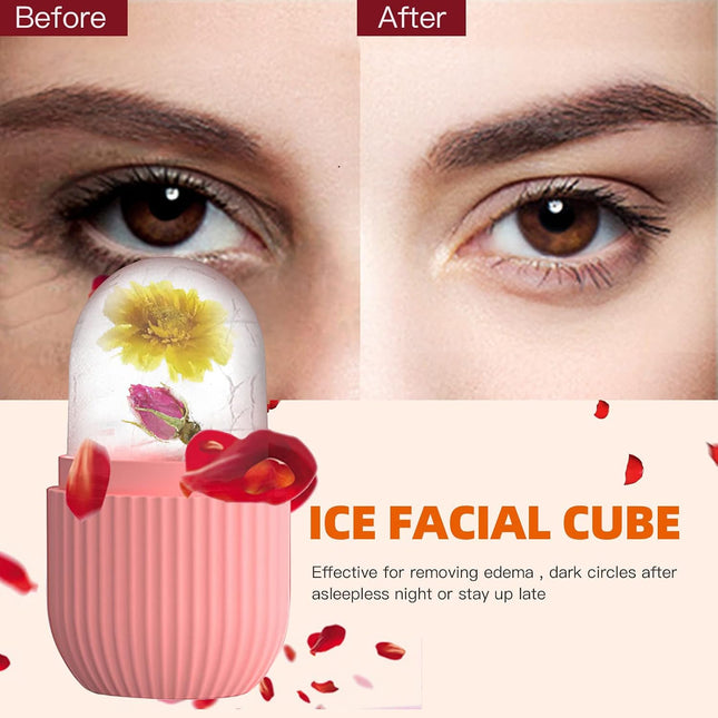 Ice Cube Roller Massager for Face, Eyes & Neck, Reusable Silicone Ice Mold, Pink