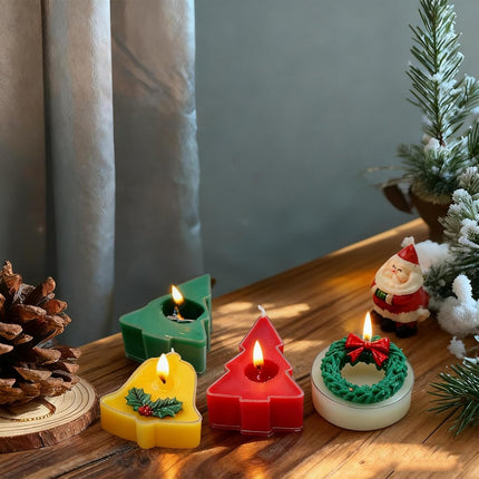 4pcs Christmas Scented Tealight Candles – Tree, Bell & Wreath Shapes