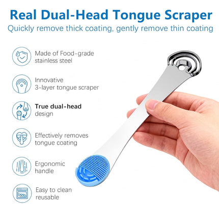Tongue Scraper 3-Layer Stainless Steel Tongue Cleaner with Silicone Brush