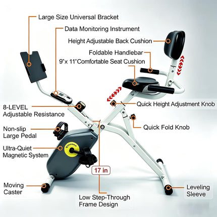 Foldable Magnetic Recumbent Exercise Bike, 8-Level Resistance, 300 Lb Capacity