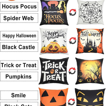 4-Pack Halloween Pillow Covers 18x18in, Double-Sided Cute Patterns, Soft Linen Decor
