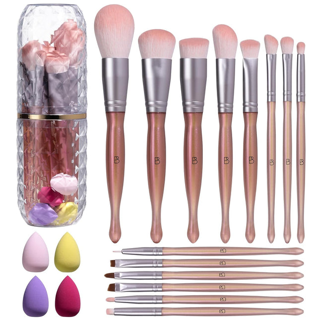 14-Pc Makeup Brush Set with 4 Mini Sponges & Case – Travel Beauty Kit