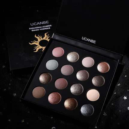 16-Color Baked Eyeshadow Palette, Nude Matte Glitter Metallic Shimmer, Long-Lasting Makeup