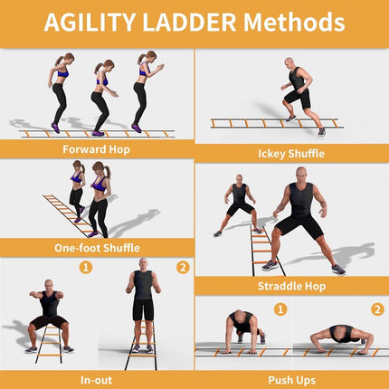 20ft Agility Ladder and Cones Set with 12 Adjustable Rungs, 4 Metal Pegs and Carry Bag